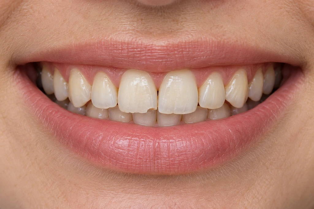 Smile before treatment: uneven enamel wear and minor spacing