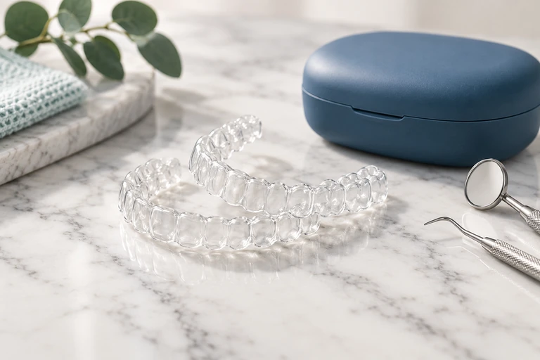 Clear orthodontic aligners on white marble